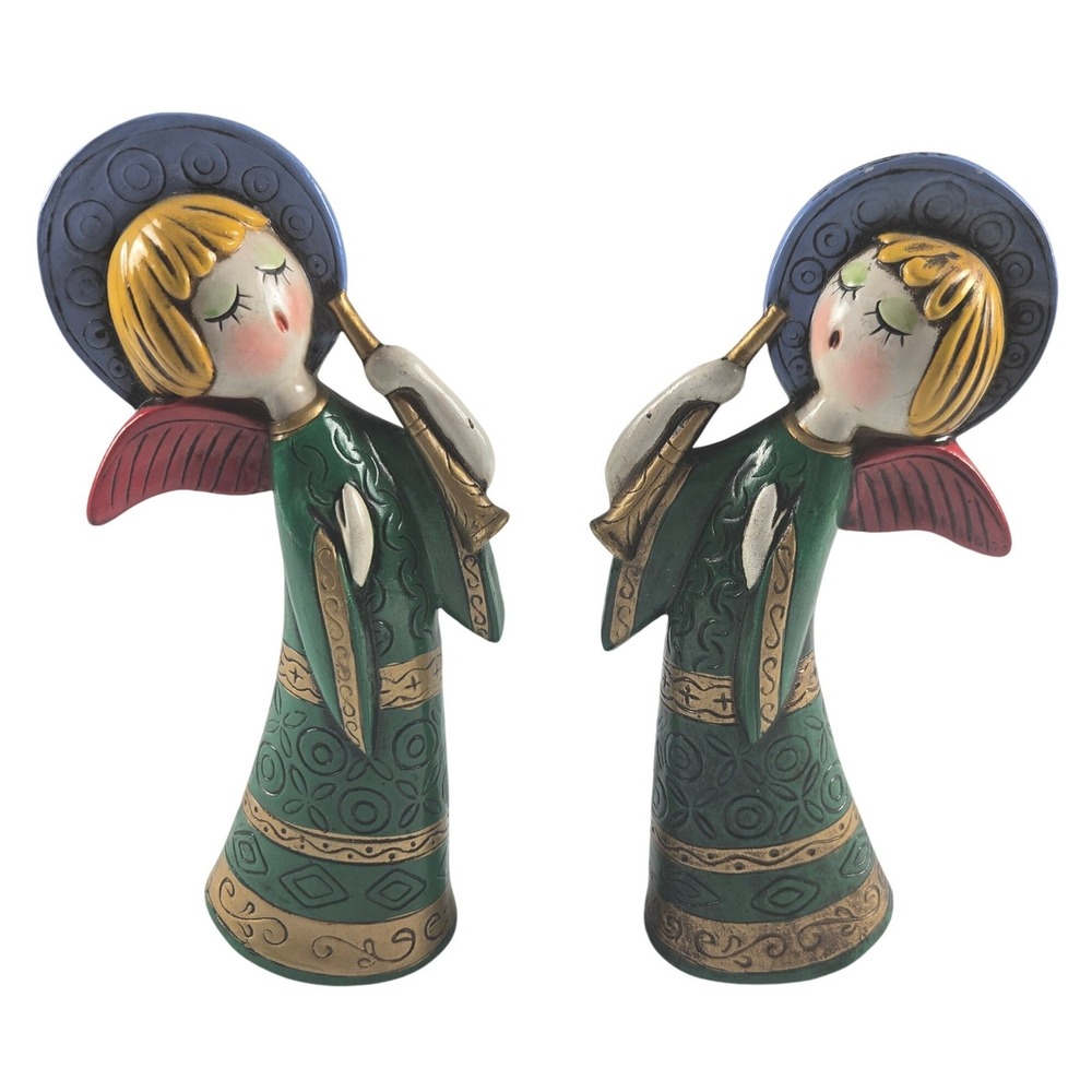 Vintage Kitsch Angel Figurine Set Playing Horns Japan Hand Painted Christmas MCM